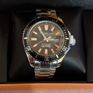 Stuhrling Depthmaster Quartz Diver- Silver and Black Dive Watch